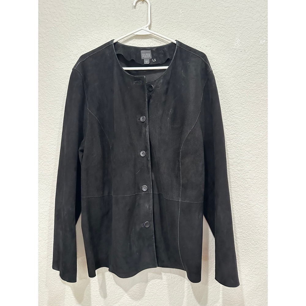 Eileen Fisher Woman Black Goat Suede Jacket Button Front Plus Size 2X RN78121